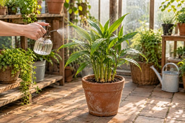 Misting ginger leaves in a greenhouse