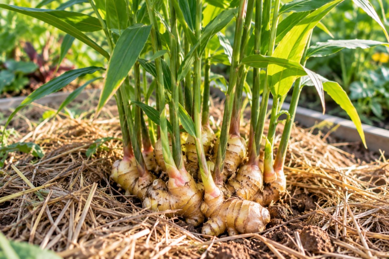 Ginger growing in a mulched garden bed