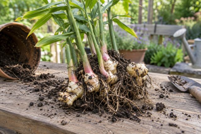 A clump of freshly dug ginger with pink-tinged young rhizomes