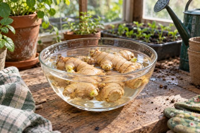 Ginger pieces soaking in warm water before planting