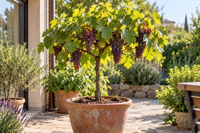 A grapevine trained as a small standard in a pot