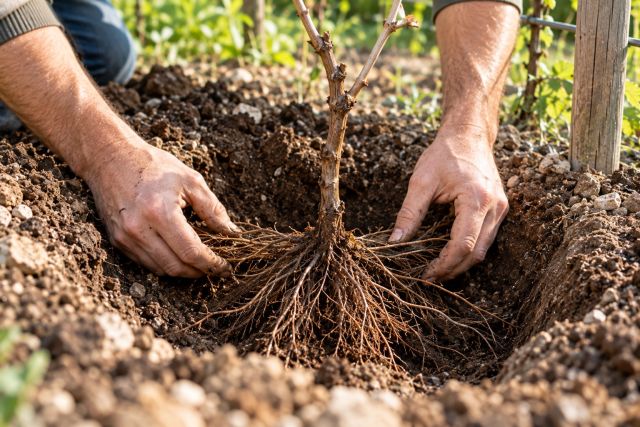 Spreading the roots of a bare-root vine in a hole