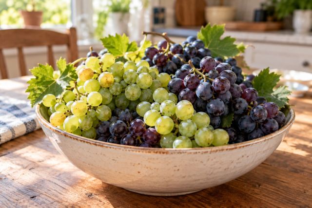 Bunches of homegrown grapes in a bowl