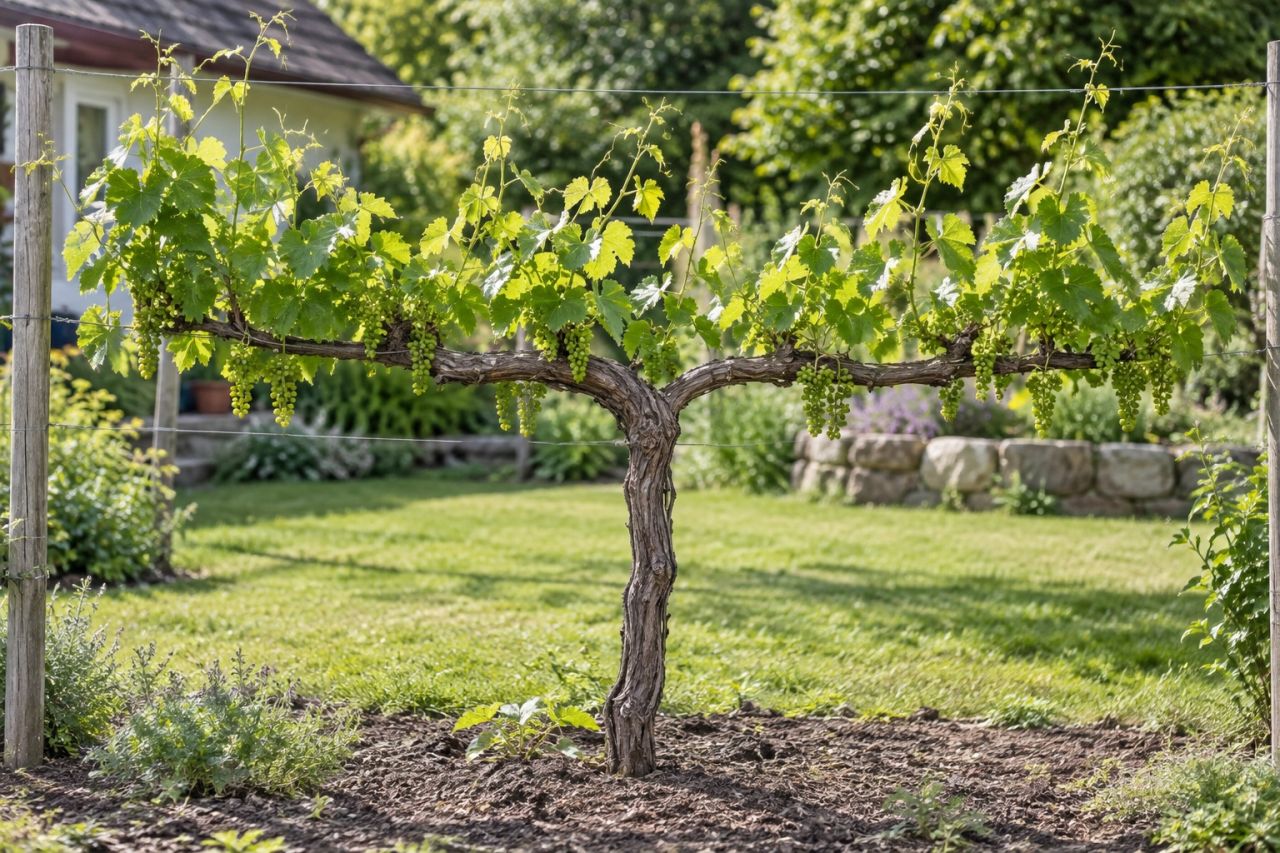 A grapevine trained along wires with young bunches