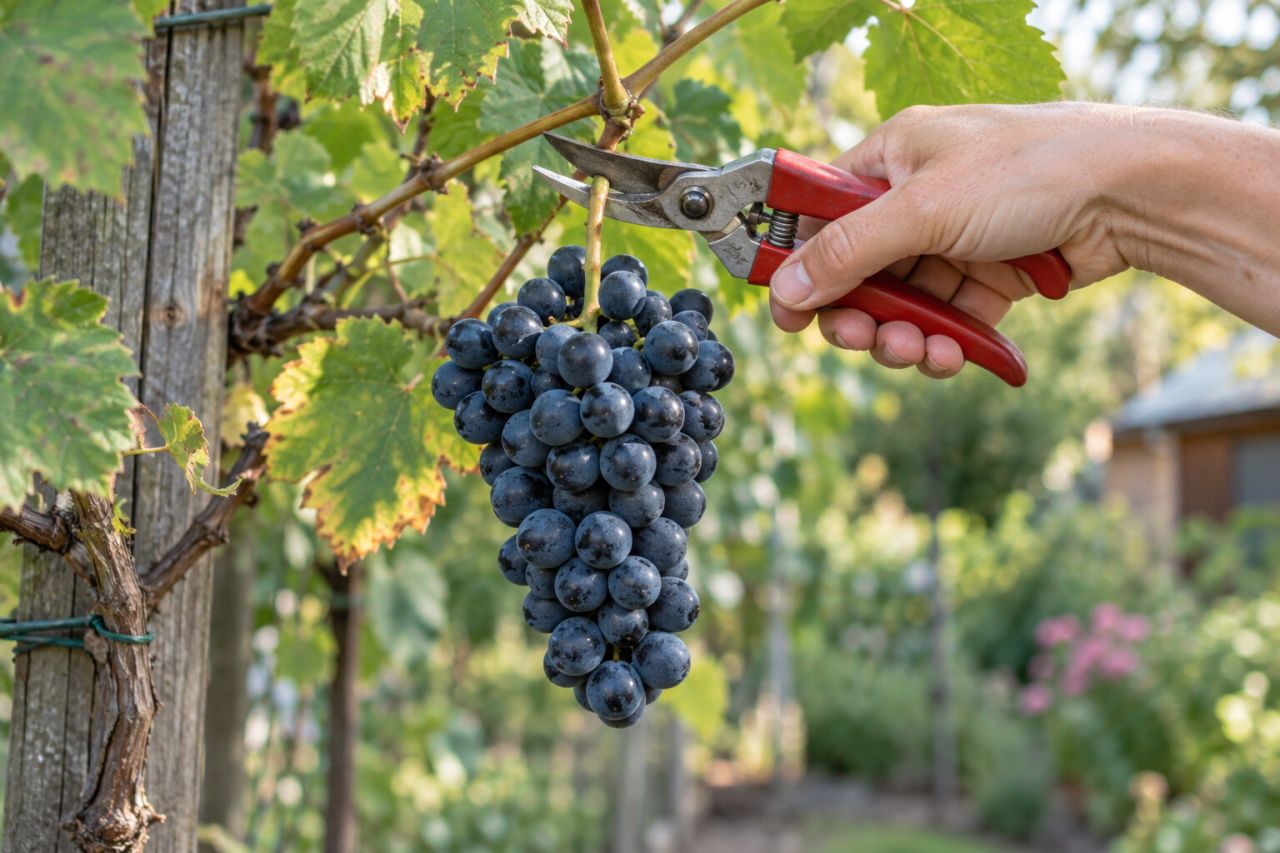 Secateurs cutting a ripe bunch of grapes with its stalk
