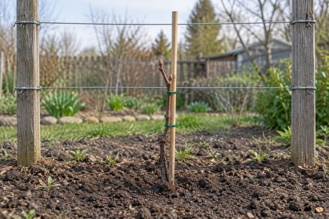 A young bare-root grapevine planted at the foot of a wire trellis