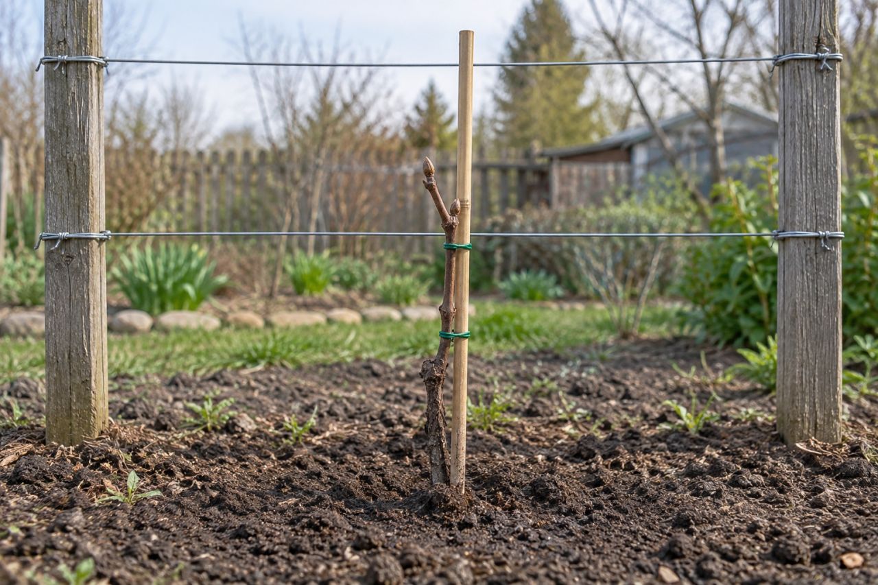 A young bare-root grapevine planted at the foot of a wire trellis