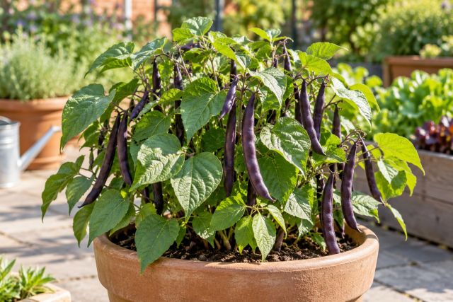Dwarf beans growing in a large pot on a patio