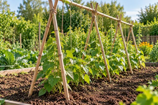 An A-frame of bamboo canes for climbing beans