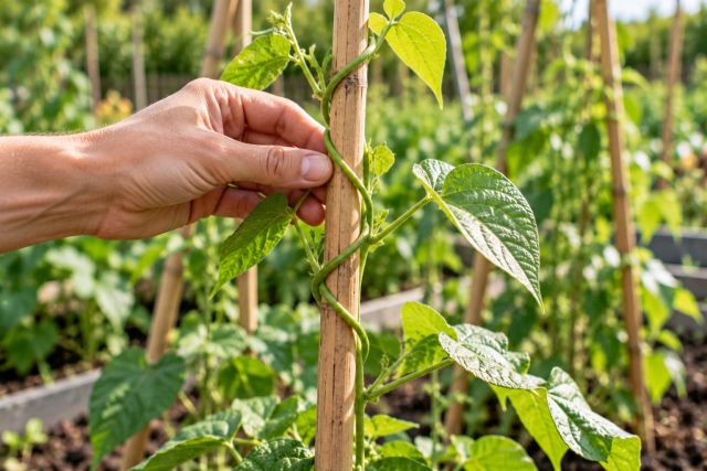 Guiding a young bean vine onto its cane