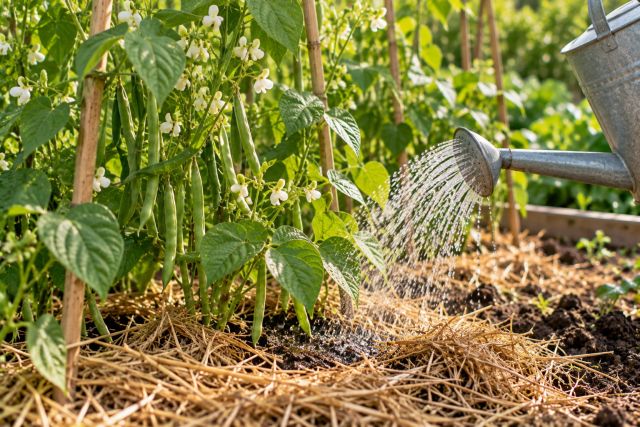 Watering beans at the base in flower
