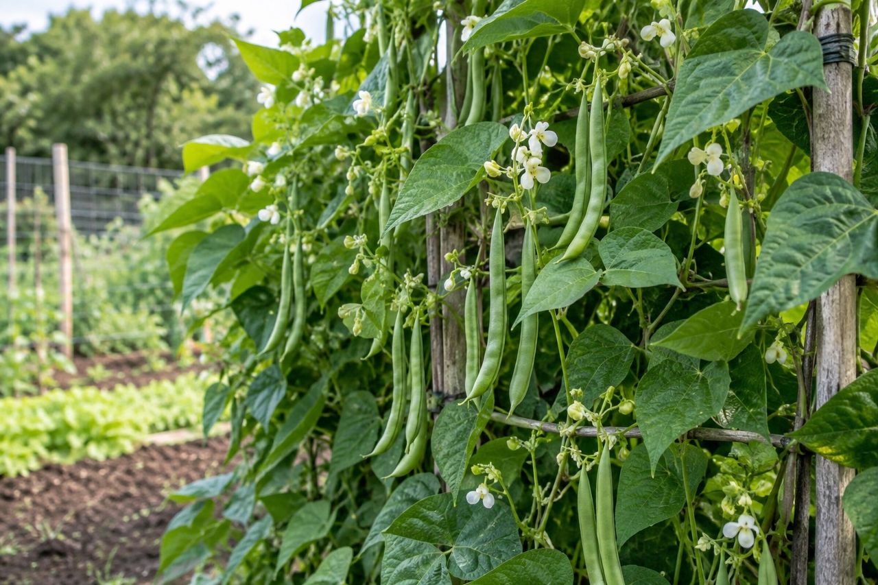 Green beans growing in a garden