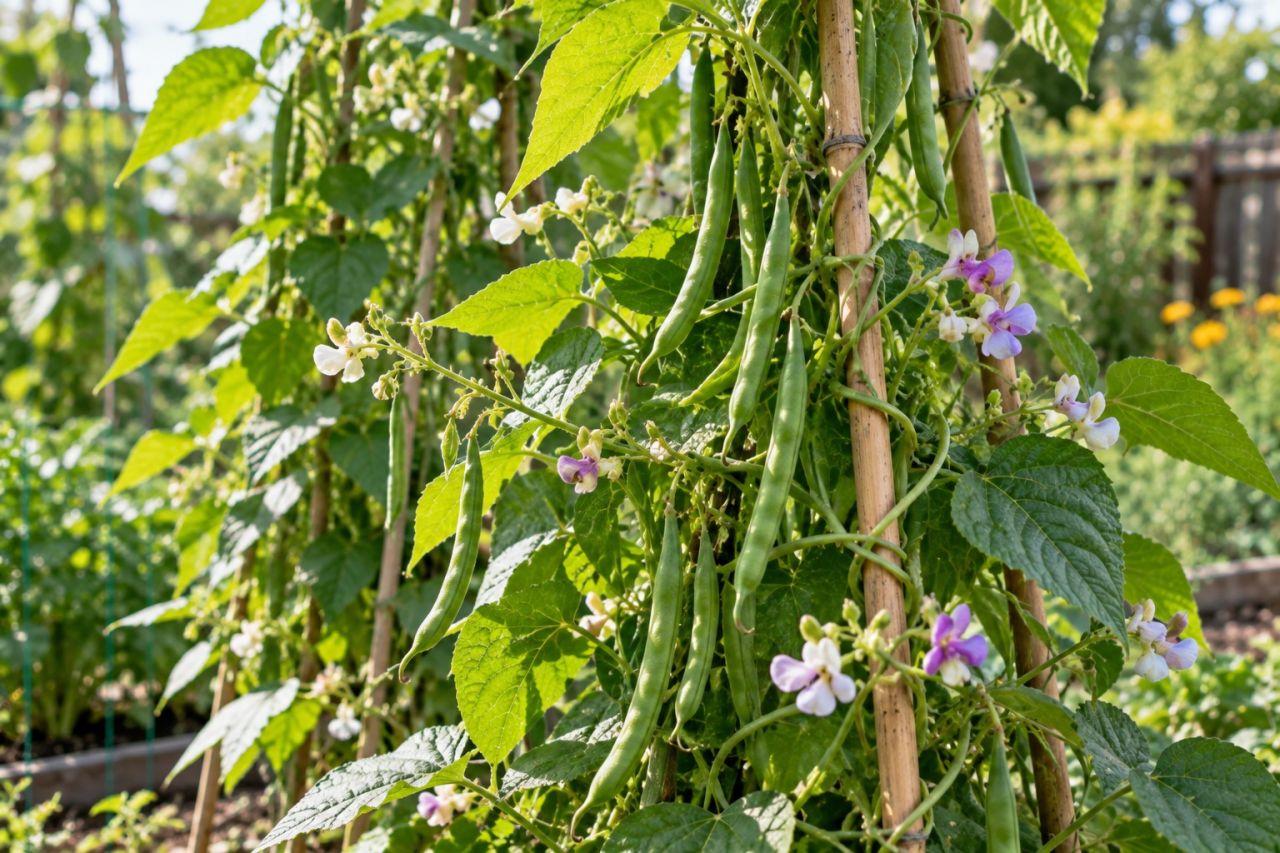 Climbing bean vines twining up bamboo canes