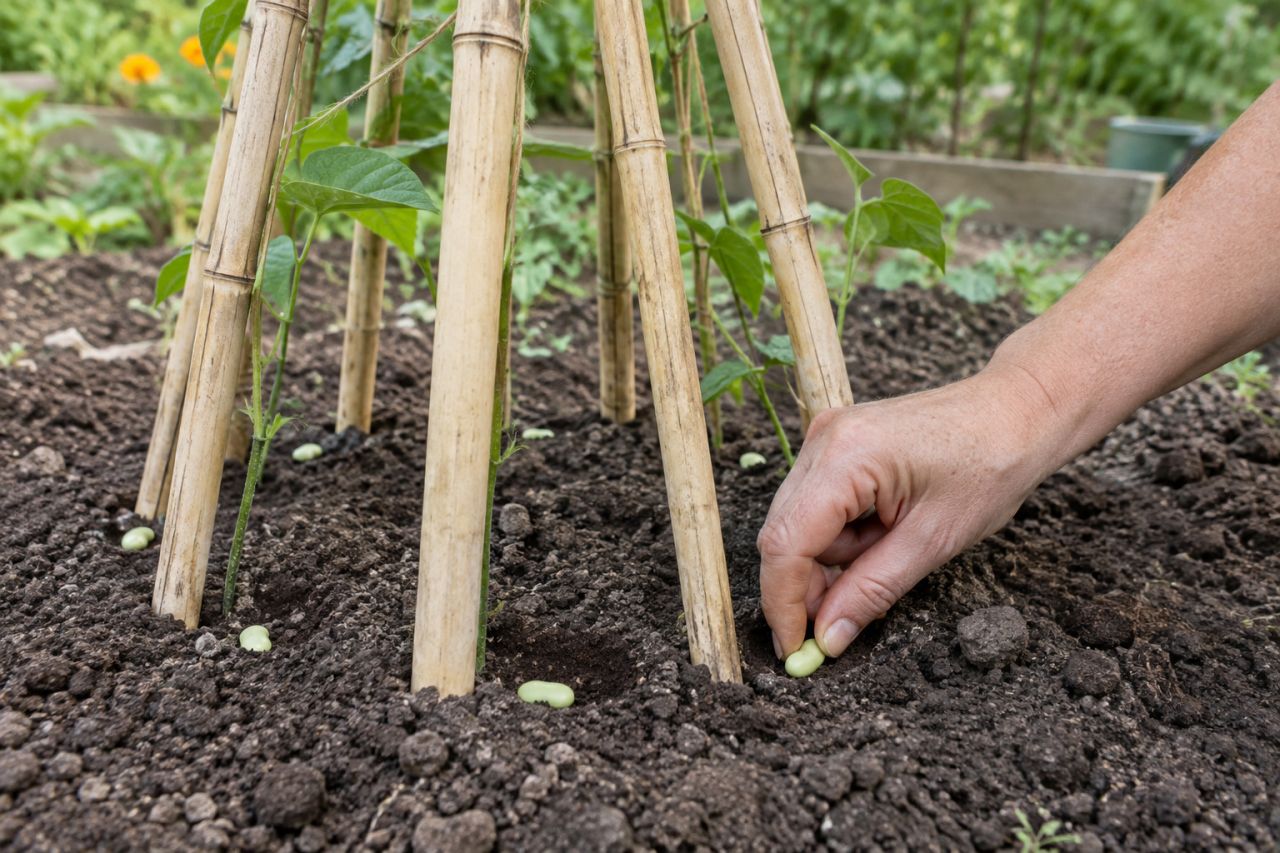 Bean seeds pushed into the soil at the foot of a cane wigwam