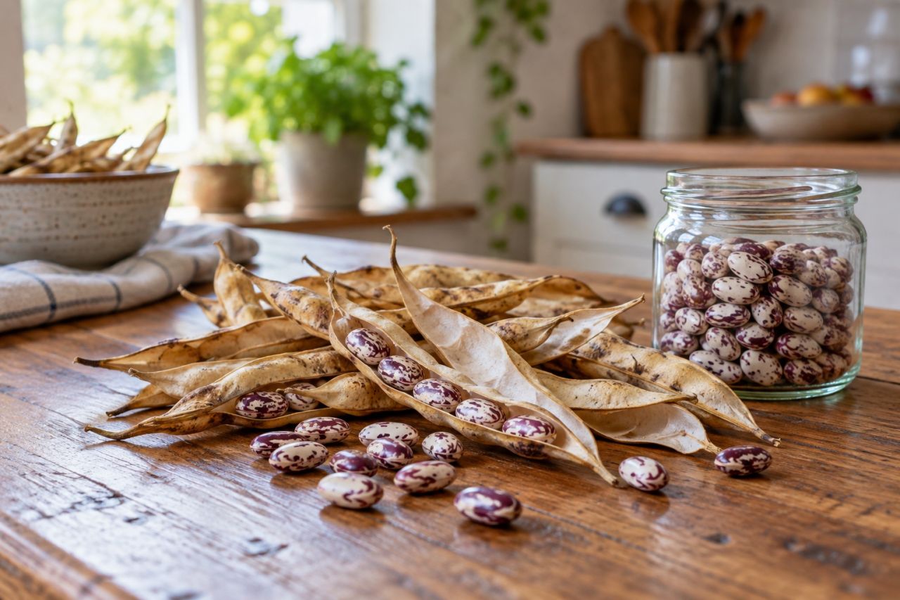 Dry bean pods split open showing seeds