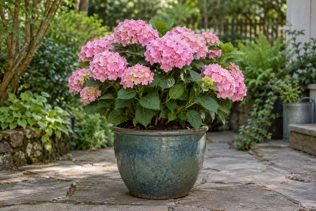 A compact hydrangea flowering in a large pot