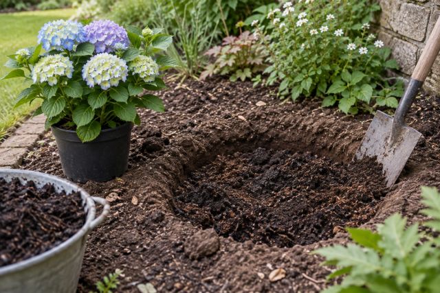 A wide planting hole with compost worked in