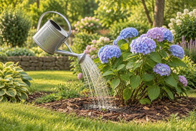 Watering a hydrangea at the base with a can