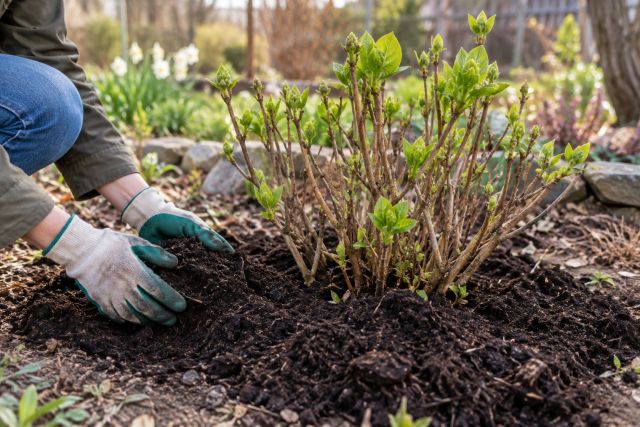 Spreading a spring mulch around a hydrangea