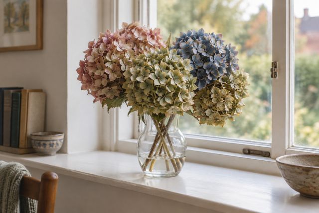 Hydrangea flowerheads drying in a vase