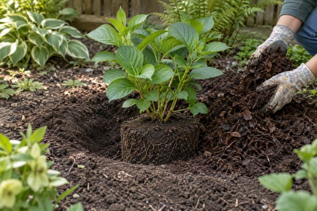 A young hydrangea planted level with the soil and mulched