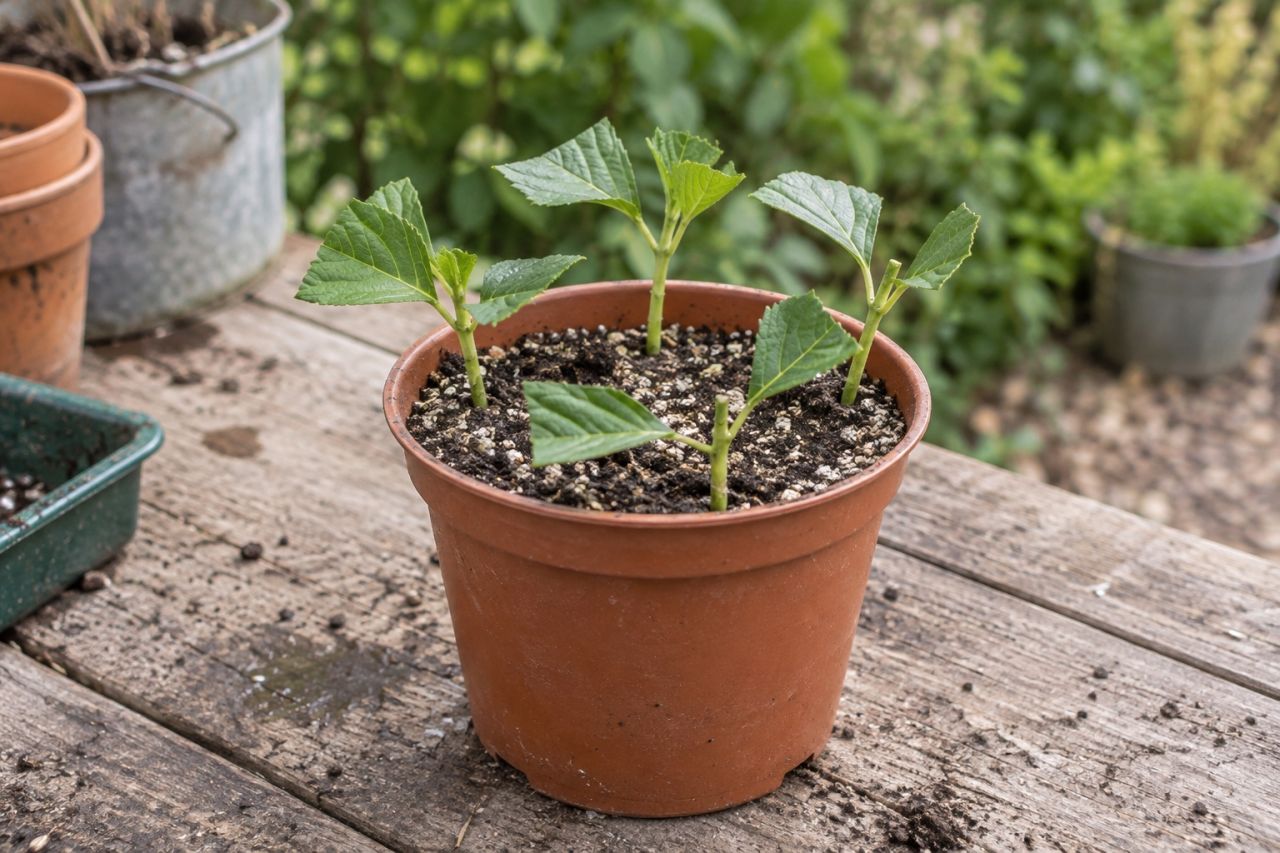 Hydrangea softwood cuttings in a pot