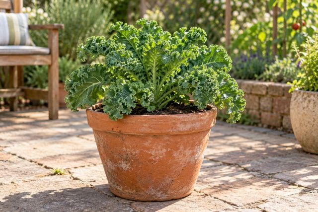 Compact kale growing in a large pot on a patio