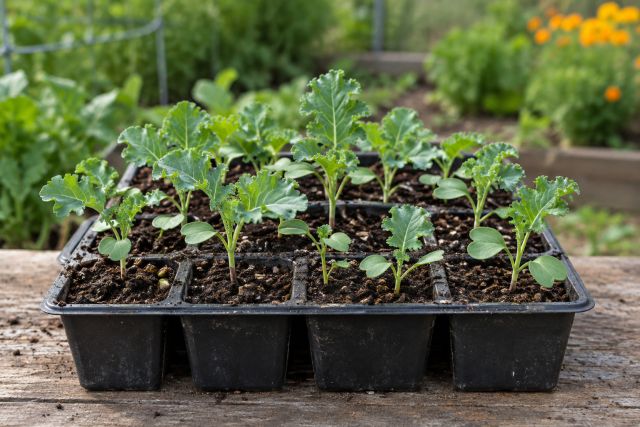 Kale seedlings with their first true leaves in modules
