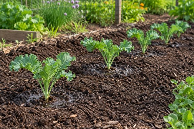 A row of young kale transplants spaced out in a bed