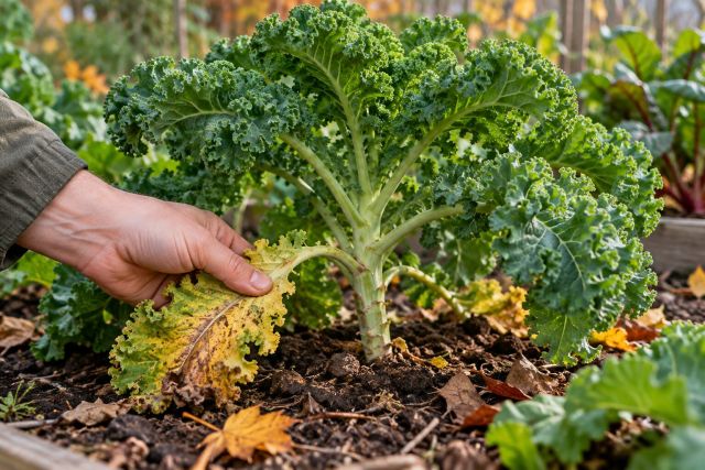 Removing yellowing lower leaves from kale
