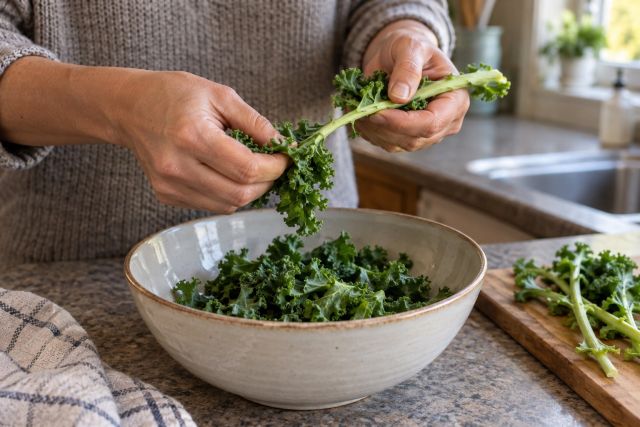 Kale leaves being stripped from stems for cooking