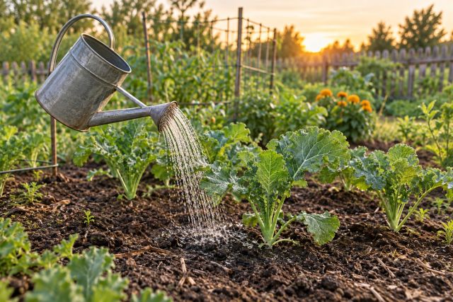 Watering young kale plants at the base