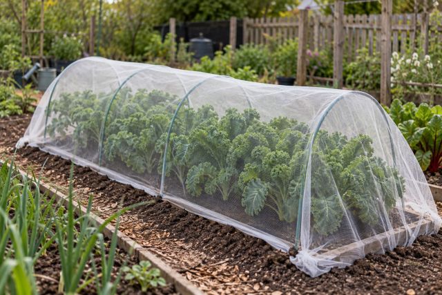 Kale plants growing under insect mesh on hoops