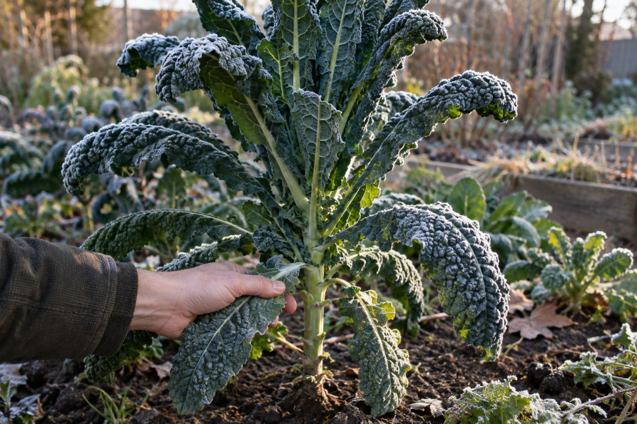 Frosted Tuscan kale leaves being picked from the bottom of the plant