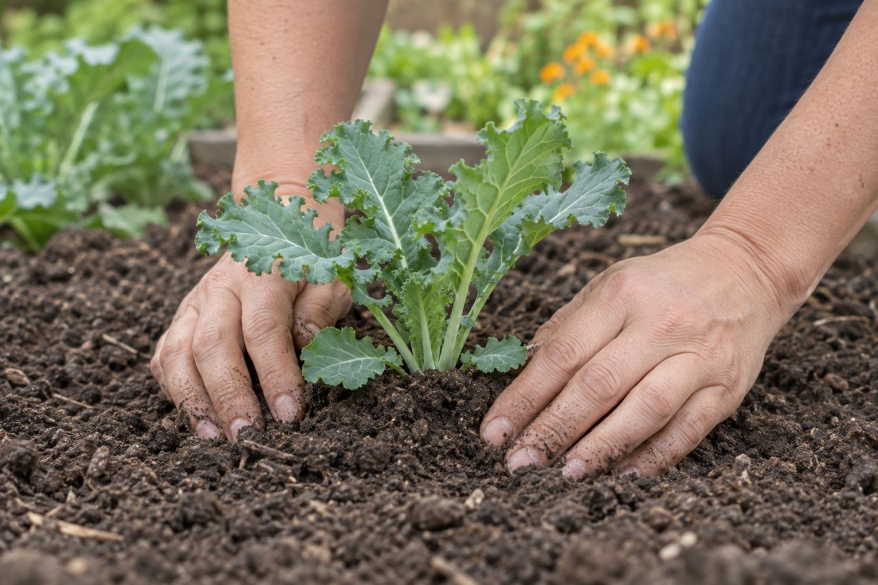 A young kale plant firmed in deep with its lowest leaves at the soil