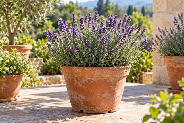 Lavender in a terracotta pot on a sunny terrace