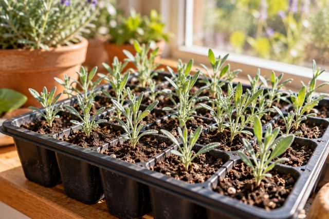 Lavender seedlings in a seed tray