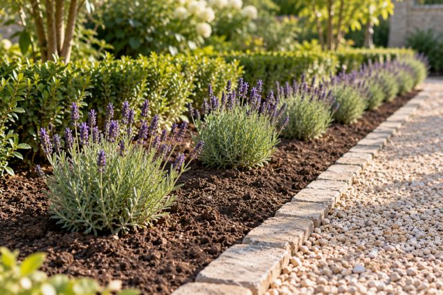 Young lavender plants spaced out as a new hedge