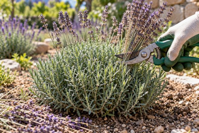 Shearing lavender back after flowering, above the green leaves