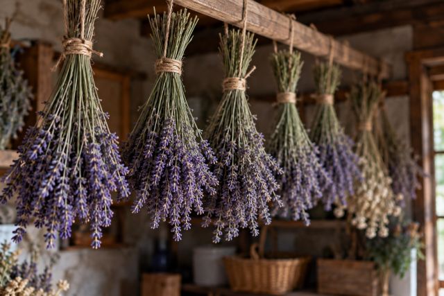 Bunches of lavender hanging upside down to dry