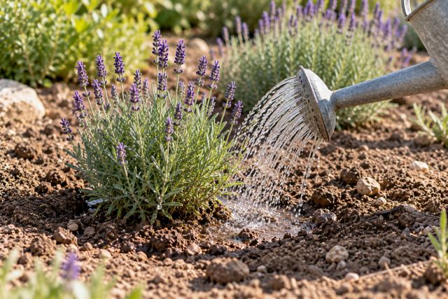 Watering a newly planted lavender at the base