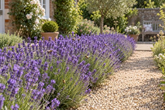 A lavender hedge in full flower with bees