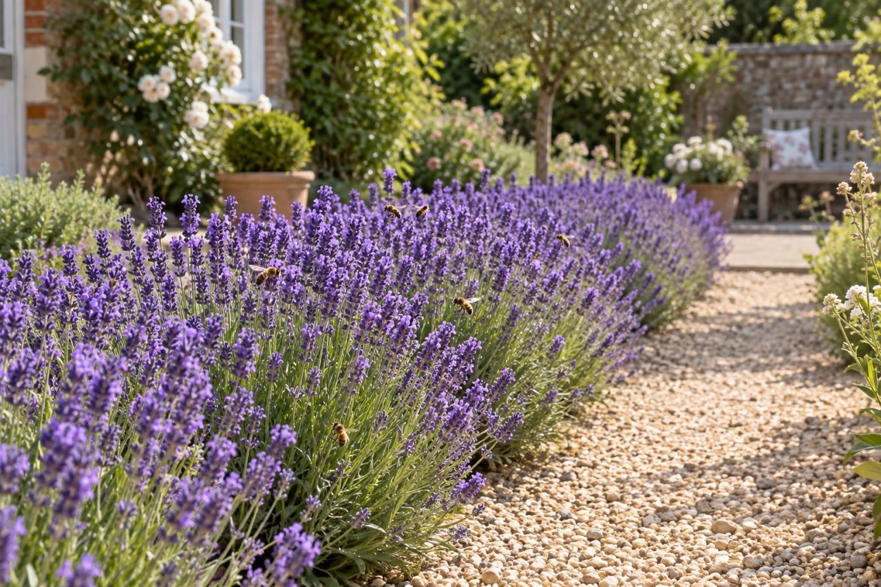 A lavender hedge in full flower with bees