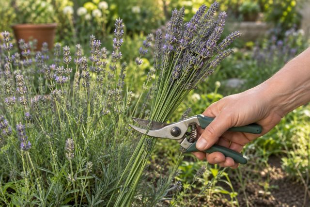 Cutting long lavender stems as the first flowers open