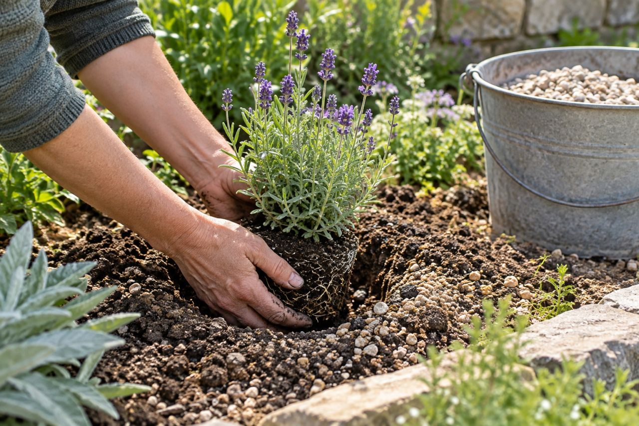 A lavender plant being set on a gritty mound