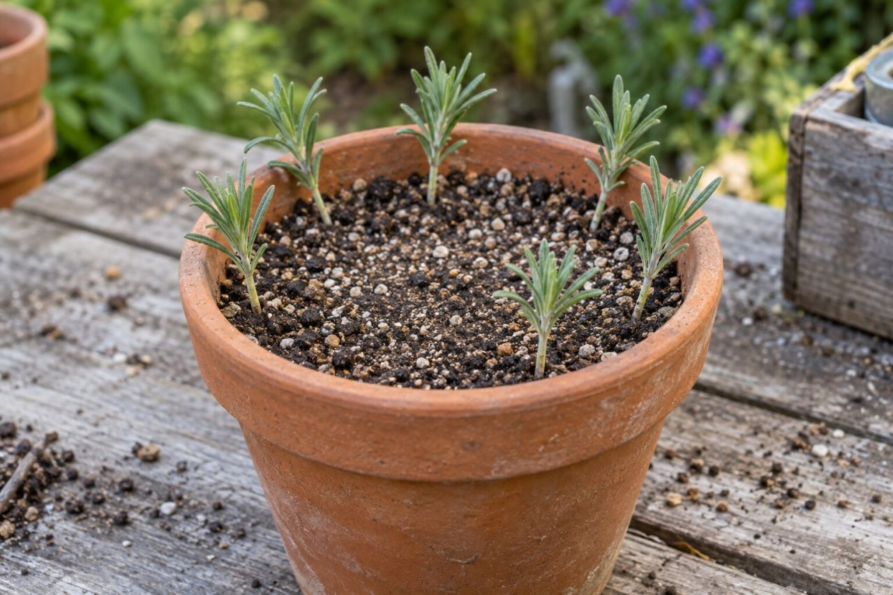Lavender cuttings around the edge of a pot