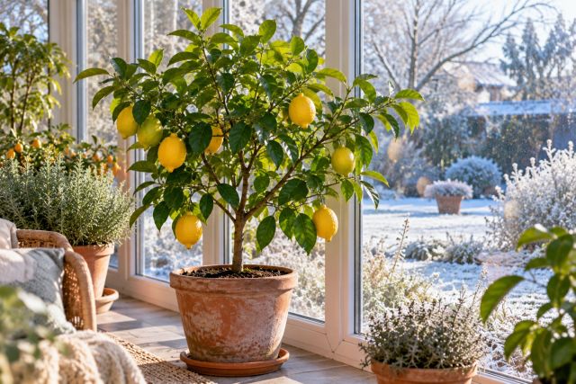 A lemon tree in a conservatory in winter