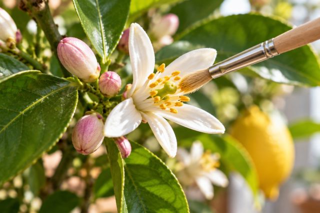A soft paintbrush pollinating lemon blossom indoors