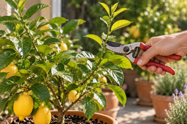 Pinching back a long new shoot on a lemon tree