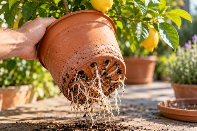 Roots showing through a lemon tree pot’s drainage holes